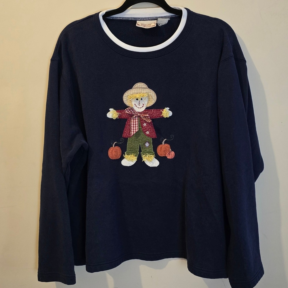 Vintage Decorated Originals Sweatshirt Women L Navy Scarecrow Pumpkin Fall Cozy